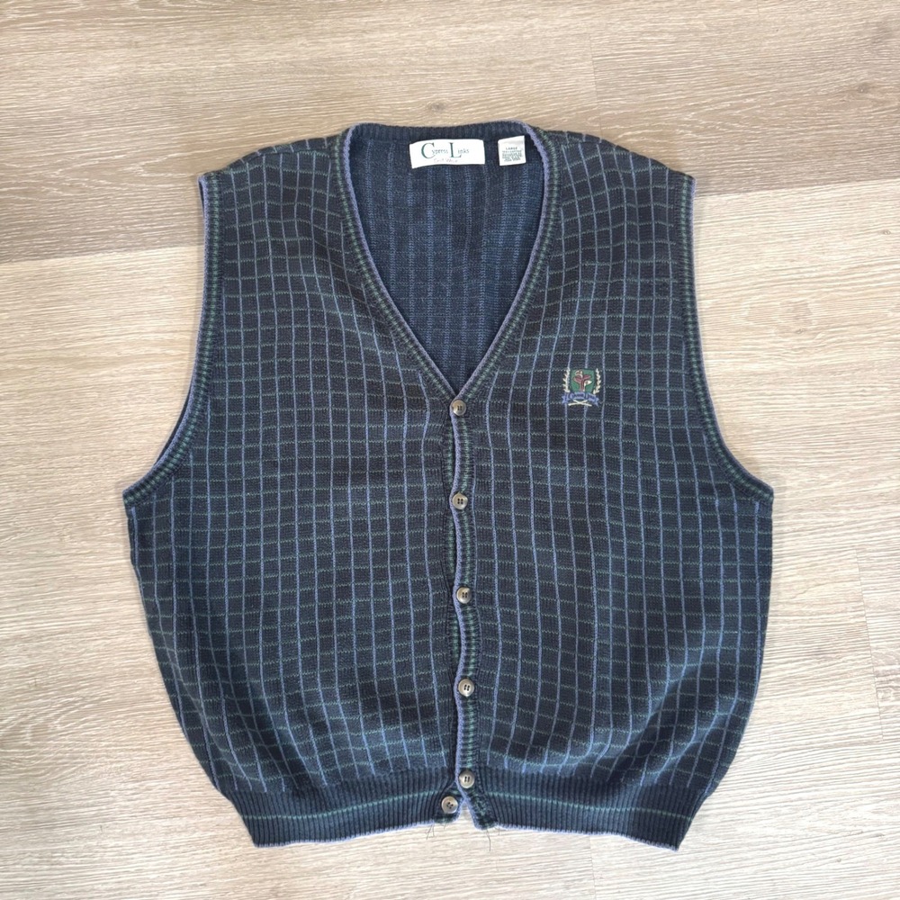 Vtg Cypress Links Cardigan Vest Men Large Blue Green Grid Check Cotton Golf Wear